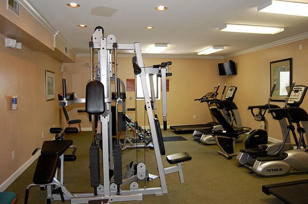 A modern, well-equipped fitness center boasting weight machines, treadmills, and exercise bikes, inviting guests to stay active and healthy during their stay. The atmosphere is invigorating, capturing the energy of a workout space designed for all fitness levels.