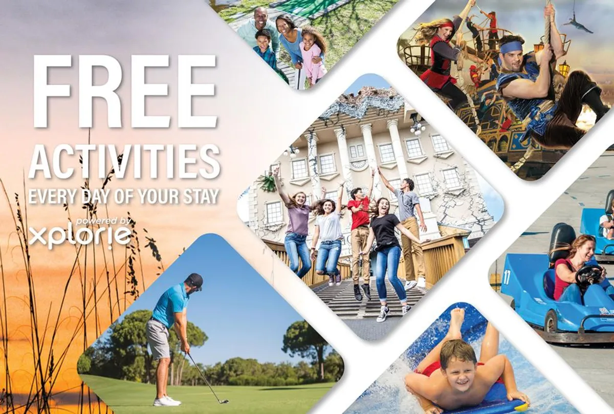 Groups of people engaged in a variety of outdoor activities—from golfing to amusement park rides and water adventures. The scene is lively and joyful, showcasing the diversity of activities available for families in the area.